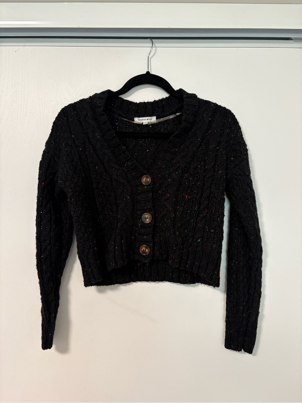 Hooked Up by IOT Black Cropped Cable-Knit Button Cardigan